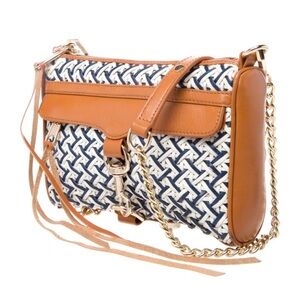 Rebecca Minkoff Woven Leather & Chain Crossbody – Tan / Navy / Ivory Excellent